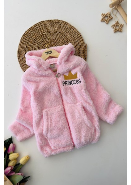 Princess Işleme Kız Çocuk Kapüşonlu peluş hırka - Açık Pembe