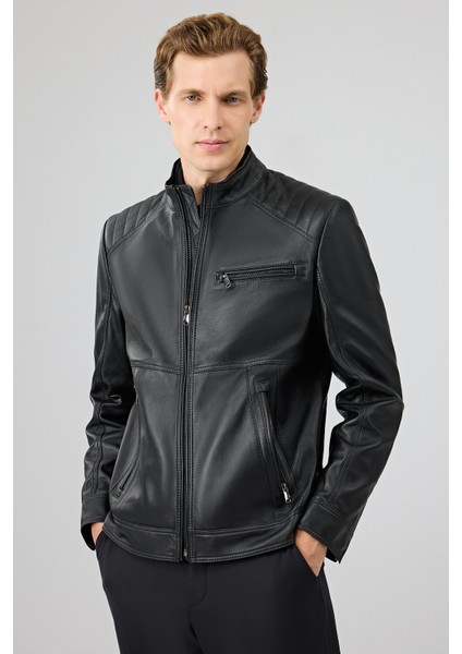 Tony Erkek Siyah Hakim Yaka Kısa Deri Mont 25WGE65781M