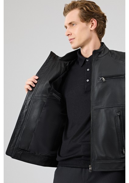 Tony Erkek Siyah Hakim Yaka Kısa Deri Mont 25WGE65781M