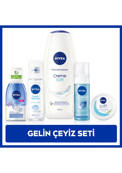 Gelin Çeyiz Seti, Duş Jeli 500ml, Yüz Yıkama Köpüğü, Pump Deodorant,Göz Makyaj Temizleyici, Krem 100ml