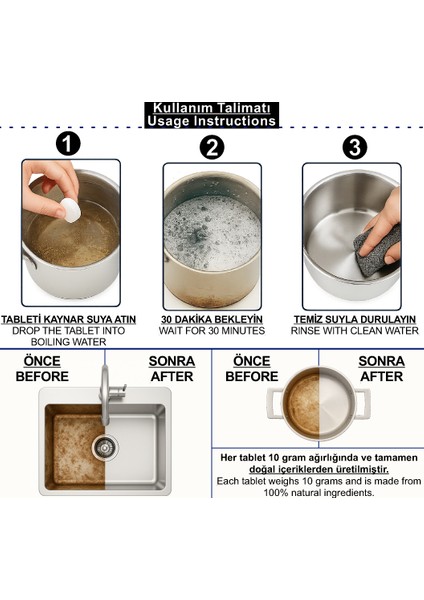 Çaydanlık, Tava, Tencere, Su Isıtıcısı ve Evye Kireç Temizlik Tableti (20 Gr.) fiyatları