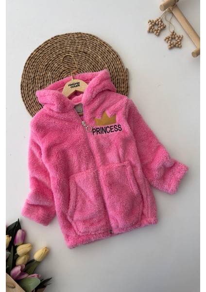 Princess Işleme Kız Çocuk Kapüşonlu peluş hırka - Koyu Pembe