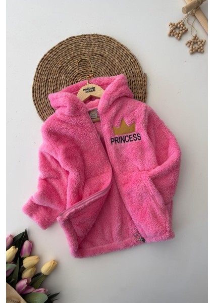 Princess Işleme Kız Çocuk Kapüşonlu peluş hırka - Koyu Pembe fiyatları