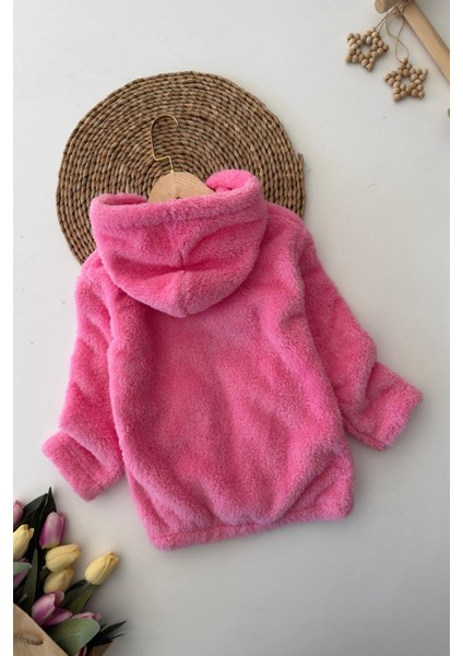 Princess Işleme Kız Çocuk Kapüşonlu peluş hırka - Koyu Pembe modelleri