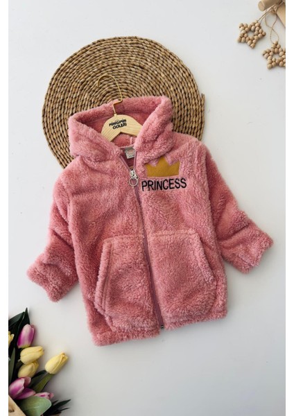 Princess Işleme Kız Çocuk Kapüşonlu peluş hırka - Gül Kurusu