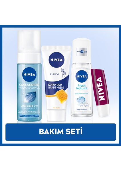 Kadın Sprey Pump Deodorant 75ml, Yüz Temizleme Köpüğü 150ml, Nemlendirici Krem, Böğürtlen Dudak Kremi
