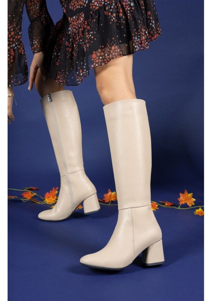 Kadın Nude Deri Çizme – Fermuarlı, Ortopedik Tabanlı, Kaymaz Trekking Uyumlu Rahat Tasarım