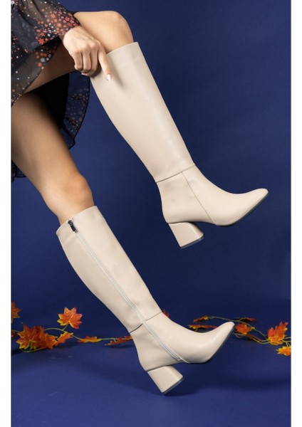 Kadın Nude Deri Çizme – Fermuarlı, Ortopedik Tabanlı, Kaymaz Trekking Uyumlu Rahat Tasarım