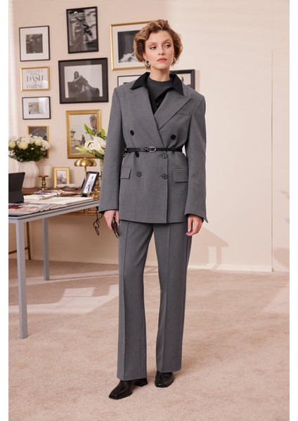 Oversize Kruvaze Blazer Ceket Gri