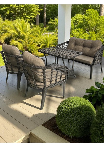 KARTEPE 2 1 1 RATTAN BAHÇE BALKON TAKIMI,ANTRASİT GRİ RATTAN/GRİ KUMAŞ