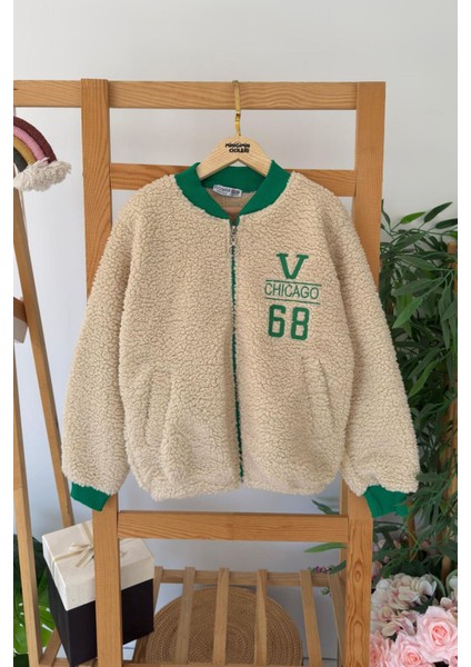 V68 Işleme Detaylı Kolej Kışlık Unisex kuzu mont - Bej