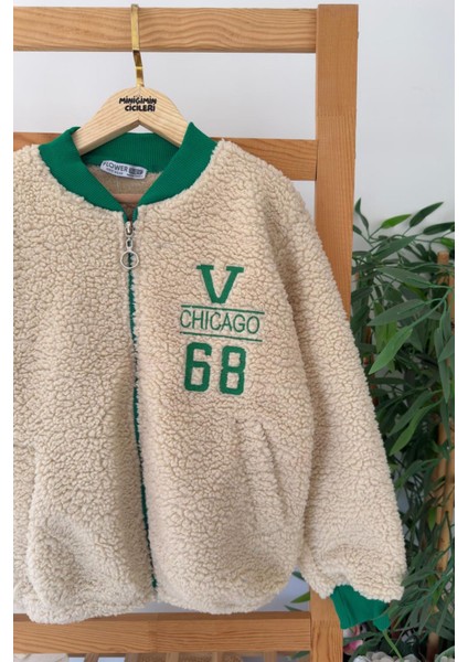 V68 Işleme Detaylı Kolej Kışlık Unisex kuzu mont - Bej fiyatları