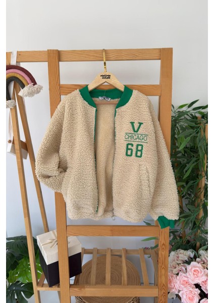 V68 Işleme Detaylı Kolej Kışlık Unisex kuzu mont - Bej fırsatları
