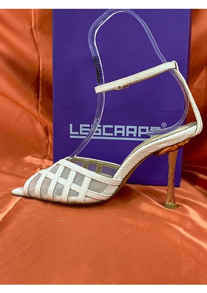 LES014 Bej (Krem) Fileli Bilek Bağlamalı Abiye Ayakkabı Stiletto