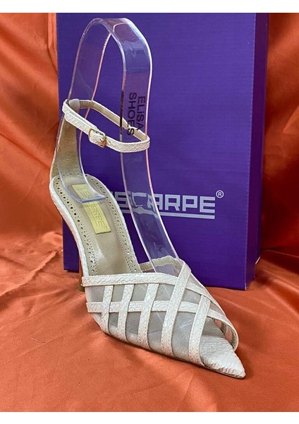 LES014 Bej (Krem) Fileli Bilek Bağlamalı Abiye Ayakkabı Stiletto modelleri