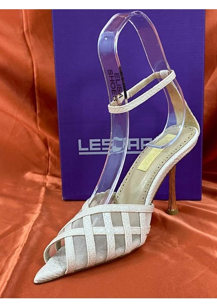 LES014 Bej (Krem) Fileli Bilek Bağlamalı Abiye Ayakkabı Stiletto fırsatları