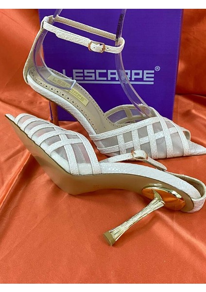 LES014 Bej (Krem) Fileli Bilek Bağlamalı Abiye Ayakkabı Stiletto indirimleri