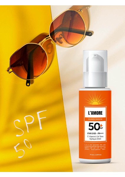 Lamore SPF 50+ C Vitaminli Güneş Kremi 75 ml – Ton Eşitleyici, UVA/UVB Koruması ve Nemlendirici Formül, Tüm Cilt Tipleri İçin
