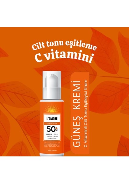 Lamore SPF 50+ C Vitaminli Güneş Kremi 75 ml – Ton Eşitleyici, UVA/UVB Koruması ve Nemlendirici Formül, Tüm Cilt Tipleri İçin