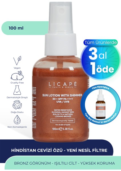 SPF 50+ Suya Dayanıklı Sprey Güneş Kremi 100 ml – Tüm Cilt Tipleri İçin UVA/UVB Koruma, Nemlendirme ve Işıltılı Bronz Etki fiyatları
