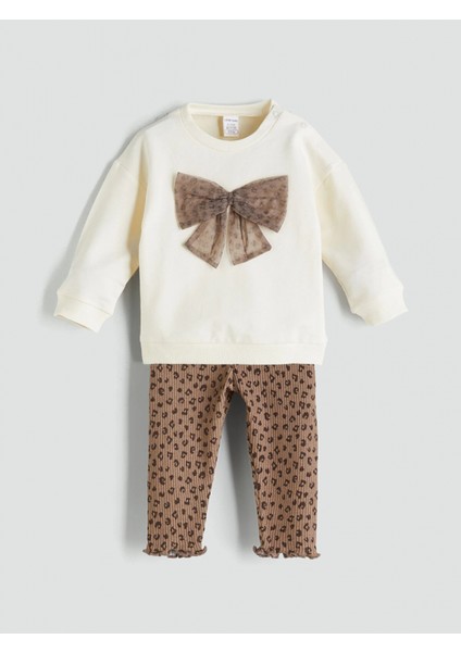 Lcw Baby Ekru Bisiklet Yaka Kurdele Detaylı Kız Bebek Sweatshirt ve Tayt 2'li