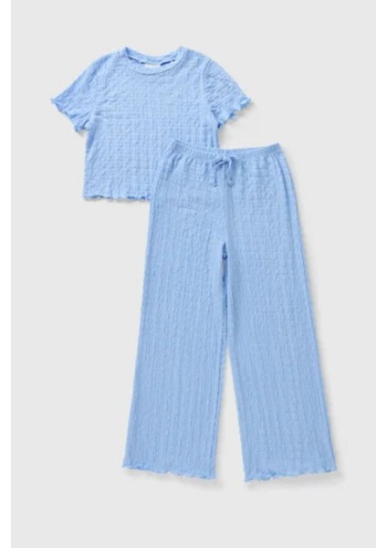 Kız Çocuk Mavi Kısa Kollu Üst ve Bol Paça Pantolon Bürümlük Kumaş Takım - Kız Çocuk Takım
