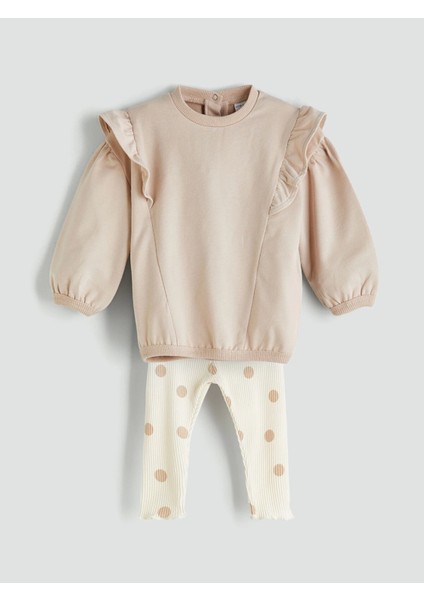 Lcw Kids Bej Bisiklet Yaka Uzun Kollu Kız Bebek Sweatshirt ve Tayt 2'li Takım