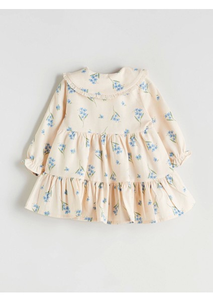 Lc Waıkıkı Bej Bebe Yaka Fırfırlı Baskılı Kız Bebek Elbise modelleri