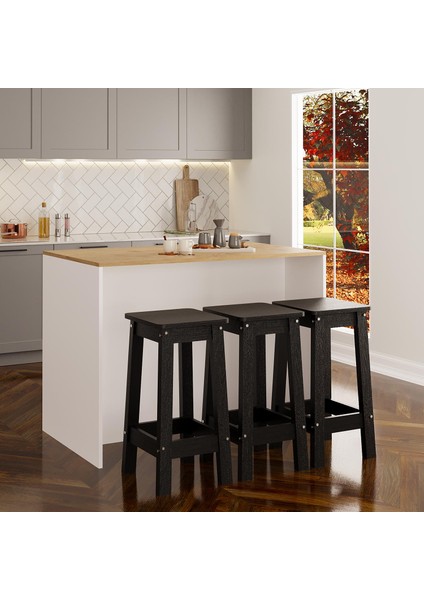 Monet G4011 3 Adet Siyah Bar Tabureli Mutfak Adası Beyaz Gövde Sepet Üst Şaraplıklı Çok Amaçlı Dolap