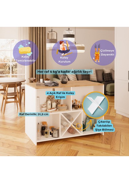 Monet G4011 3 Adet Siyah Bar Tabureli Mutfak Adası Beyaz Gövde Sepet Üst Şaraplıklı Çok Amaçlı Dolap fiyatları