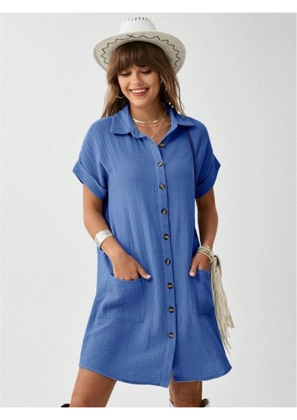Kadın Cep Detay Müslin Kumaş Mini Gömlek Elbise modelleri
