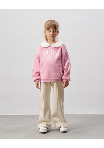 Kız Çocuk Pamuklu Pembe Paris Baskılı Dantel Yaka Sweatshirt Ekru Pantolon Takım