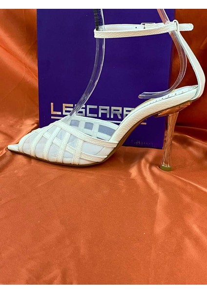 LES014 Beyaz Fileli Bilek Bağlamalı Abiye Ayakkabı Stiletto