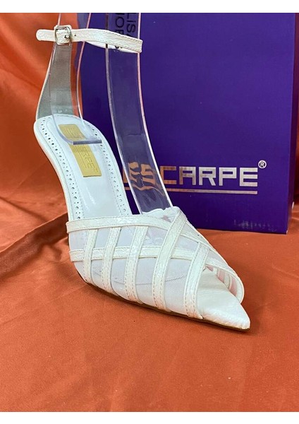 LES014 Beyaz Fileli Bilek Bağlamalı Abiye Ayakkabı Stiletto modelleri