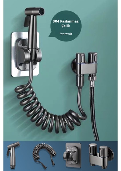 Banyo Bide Basınçlı Püskürtücü Taharet Musluğu Klozet Hortumu Antrasit