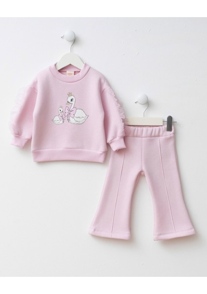 Kız Çocuk Pamuklu Pembe Kuğu Baskılı Sweatshirt Ispanyol Paça Takım – Tül Kollu