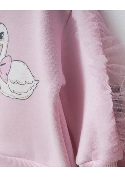 Kız Çocuk Pamuklu Pembe Kuğu Baskılı Sweatshirt Ispanyol Paça Takım – Tül Kollu modelleri