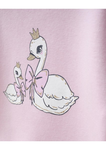 Kız Çocuk Pamuklu Pembe Kuğu Baskılı Sweatshirt Ispanyol Paça Takım – Tül Kollu fırsatları