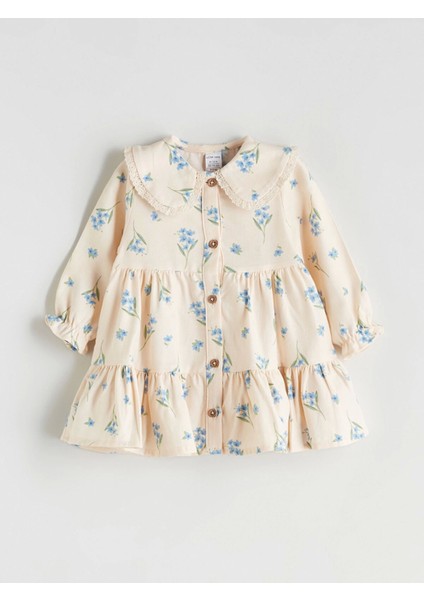 Lc Waıkıkı Bej Bebe Yaka Fırfırlı Baskılı Kız Bebek Elbise