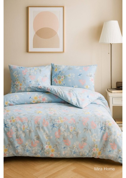 Çift Kişilik Pamuklu Nevresim Takımı Mavi Çiçek Desenli