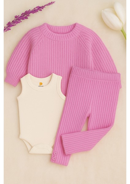 Bebek 3'lü Set Kışlık 3lü Bebek Seti Kazak Tayt Zıbın Pembe