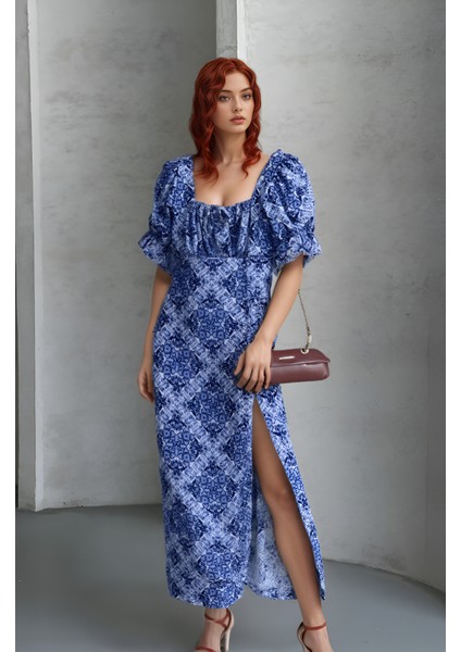 Kare Yaka Prenses Kol Dar Kalıp Likralı Yırtmaçlı Uzun Bürümcük Elbise