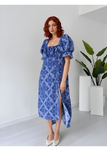 Kare Yaka Prenses Kol Dar Kalıp Likralı Yırtmaçlı Uzun Bürümcük Elbise modelleri