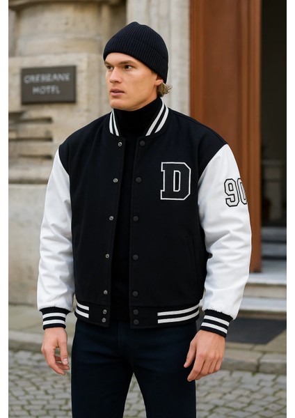 Erkek Oversize Nakışlı Siyah Bol Kot Kolej Ceket