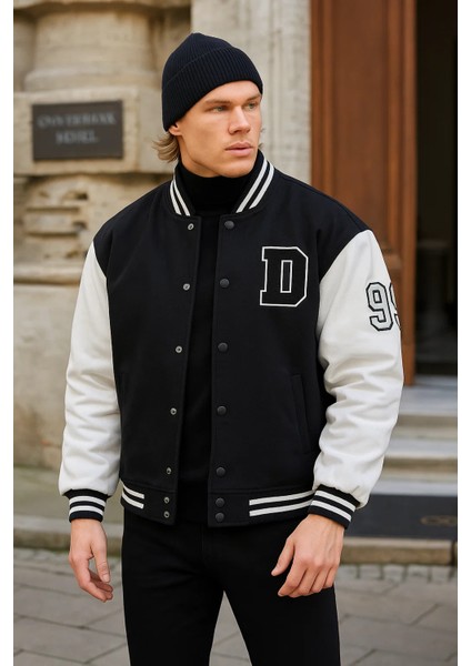 Erkek Oversize Nakışlı Siyah Bol Kot Kolej Ceket fiyatları