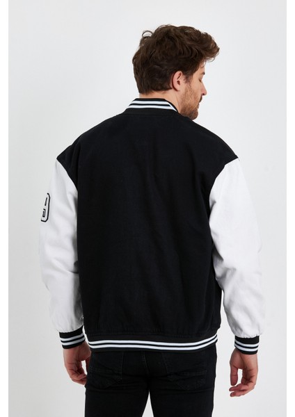 Erkek Oversize Nakışlı Siyah Bol Kot Kolej Ceket modelleri