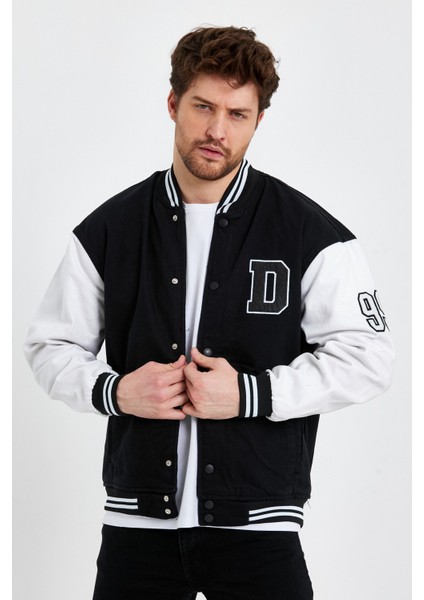 Erkek Oversize Nakışlı Siyah Bol Kot Kolej Ceket fırsatları