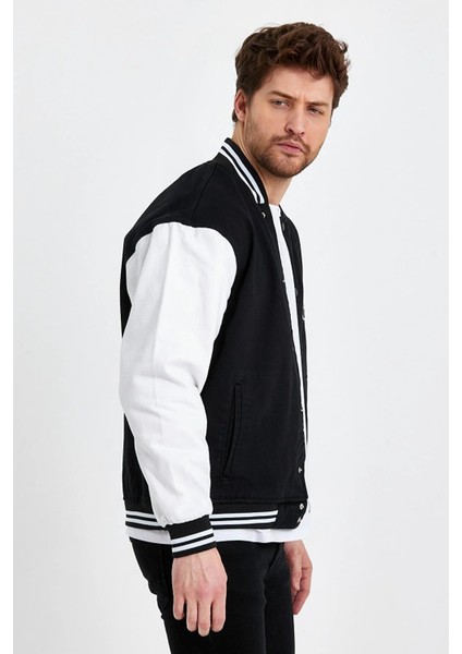 Erkek Oversize Nakışlı Siyah Bol Kot Kolej Ceket indirimleri