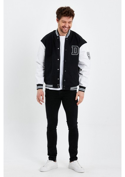 Erkek Oversize Nakışlı Siyah Bol Kot Kolej Ceket
