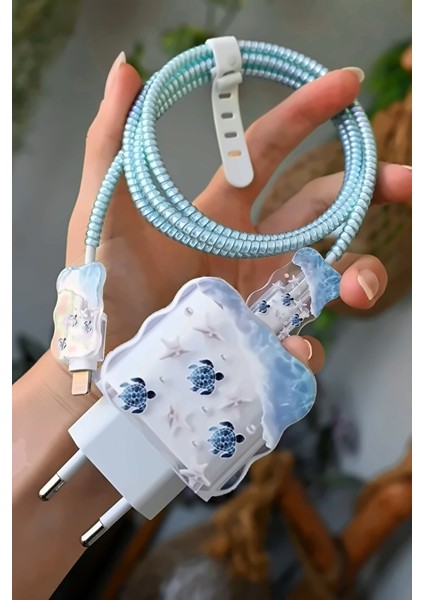 18W/20W Apple iPhone Mavi Kaplumbağa Şarj Aleti Koruyucu Şarj Kablosu Örme Aparatlı Koruyucu Toparlayıcı